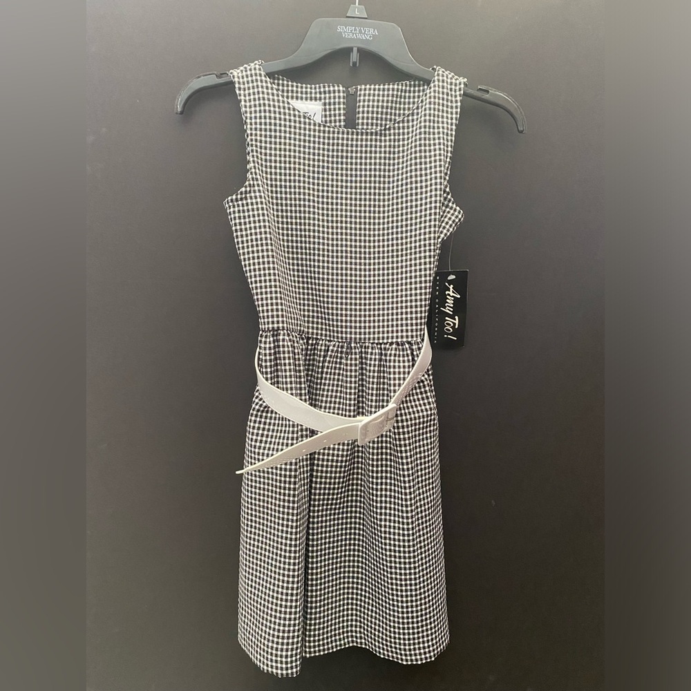 Amy Byer Amy Too! Vintage Girl’s Gingham Black White Checkered Dress with Belt
